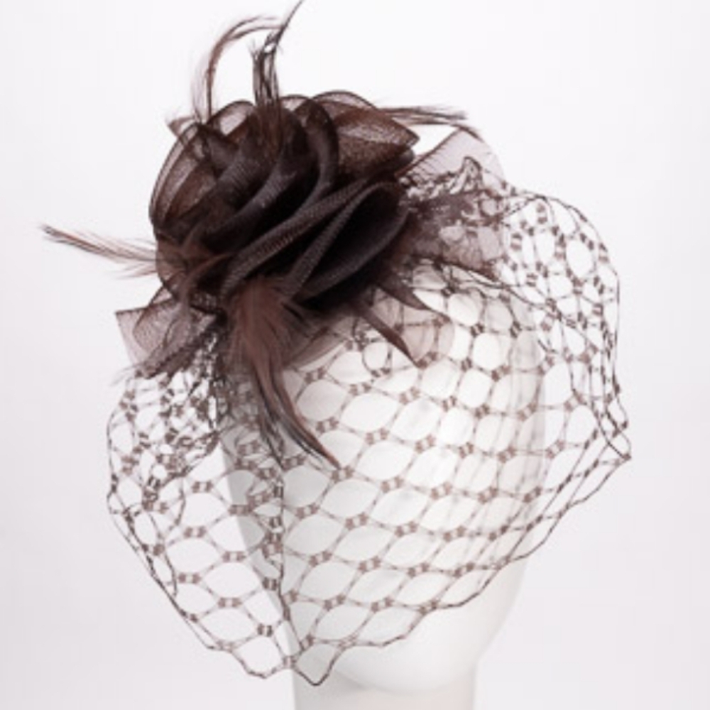 Beloved Millinery Elegant Brown Couture Fascinator Veil Bow Feathers